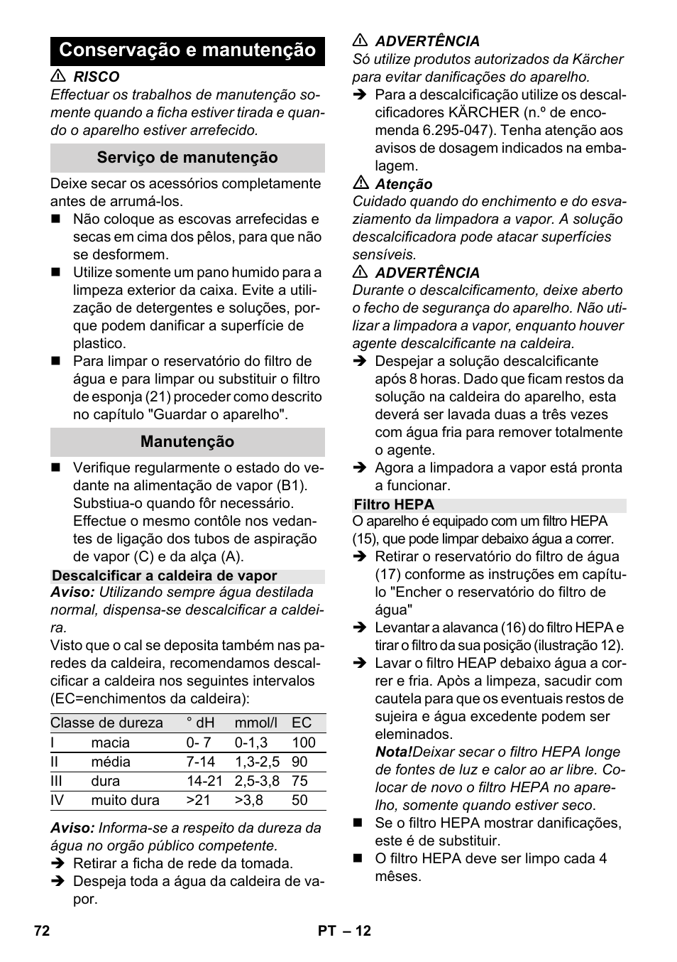 Conservação e manutenção | Karcher SV 1802 User Manual | Page 72 / 284