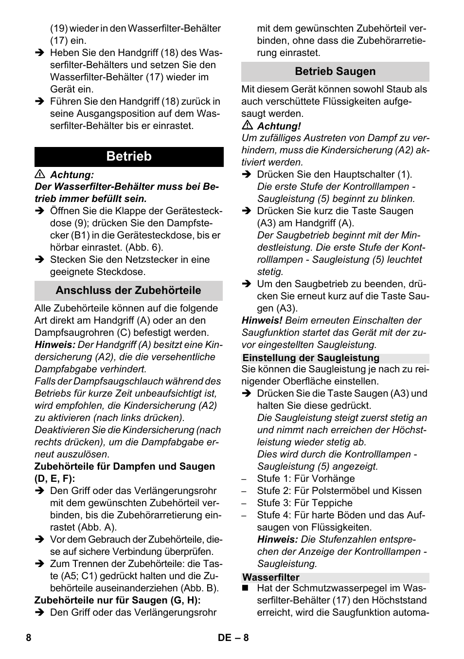 Betrieb | Karcher SV 1802 User Manual | Page 8 / 284