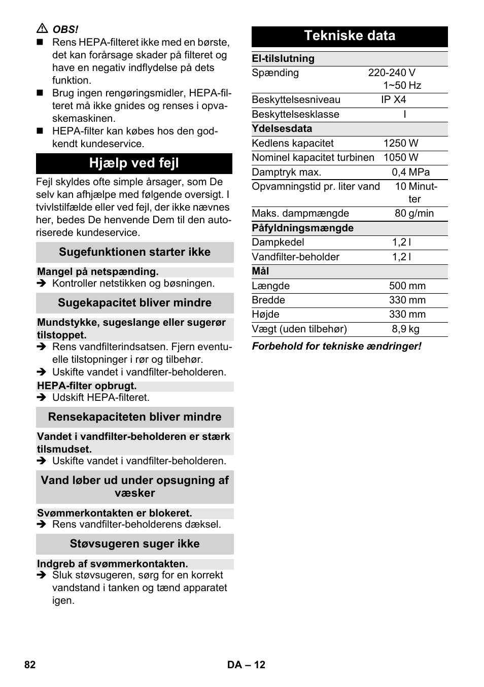 Hjælp ved fejl, Tekniske data | Karcher SV 1802 User Manual | Page 82 / 284