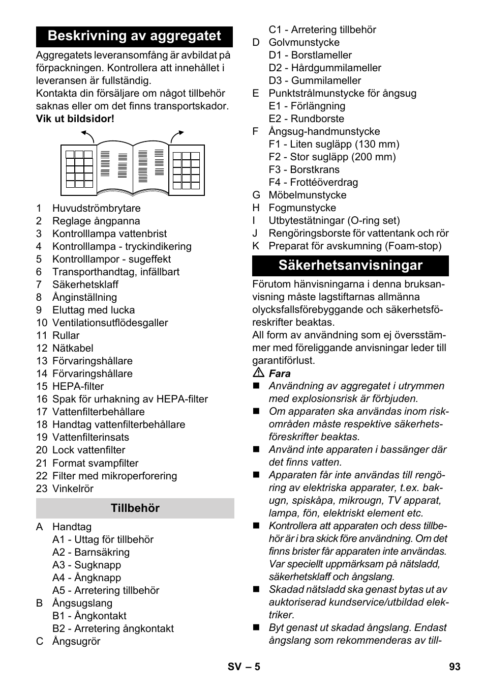 Beskrivning av aggregatet, Säkerhetsanvisningar | Karcher SV 1802 User Manual | Page 93 / 284