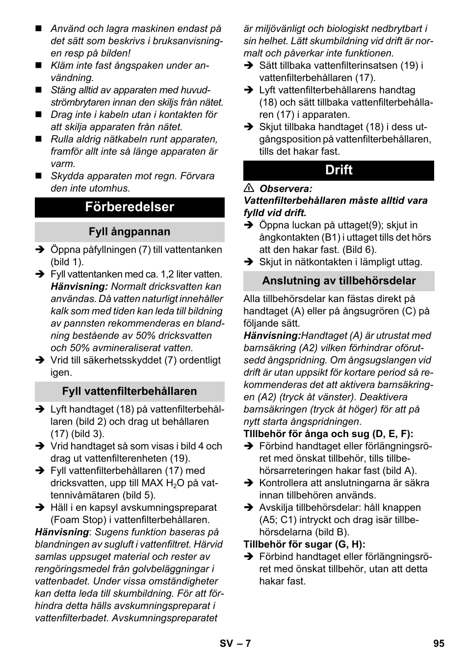 Förberedelser, Drift | Karcher SV 1802 User Manual | Page 95 / 284