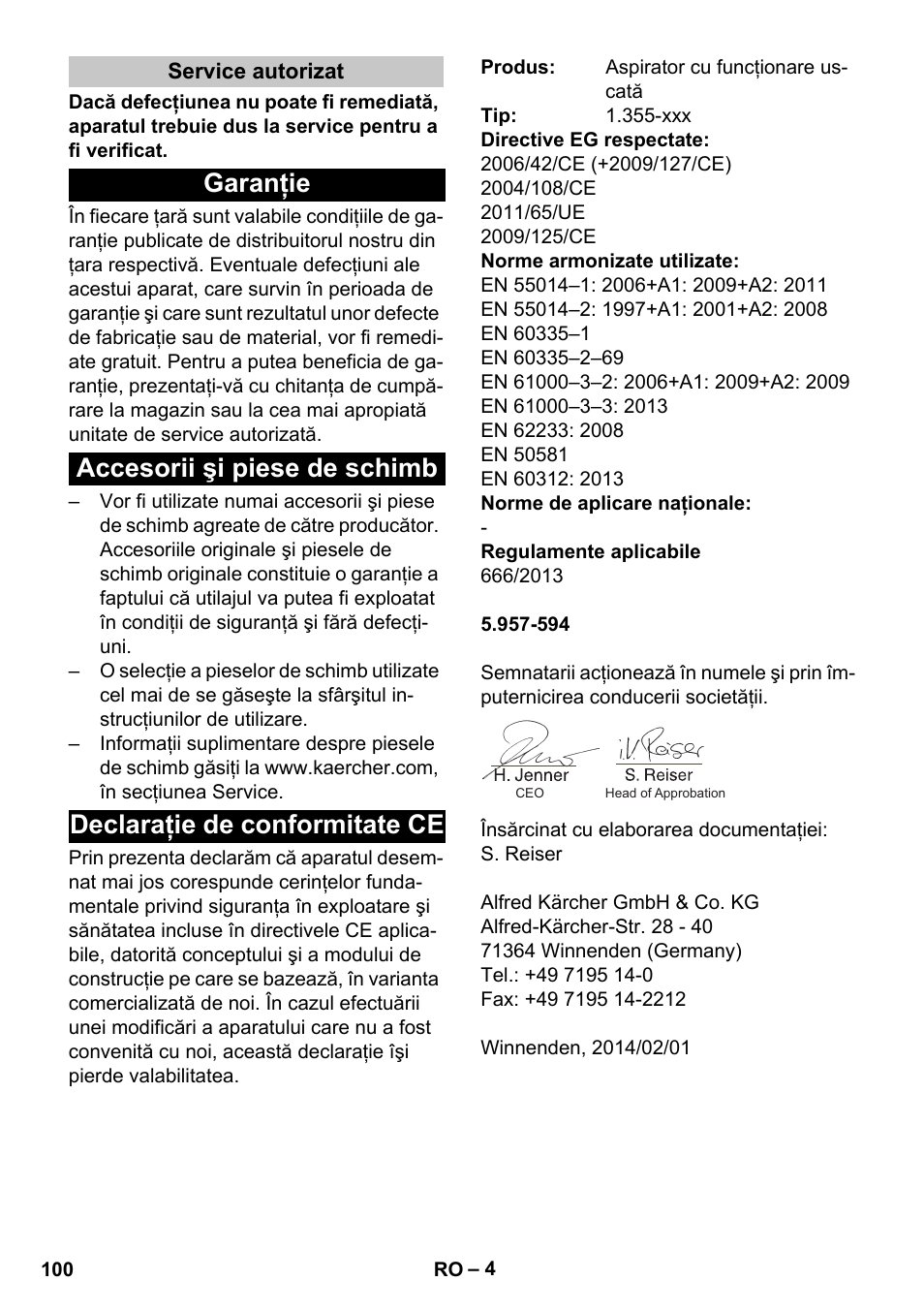 Service autorizat, Garanţie, Accesorii şi piese de schimb | Declaraţie de conformitate ce | Karcher T 17-1 User Manual | Page 100 / 144