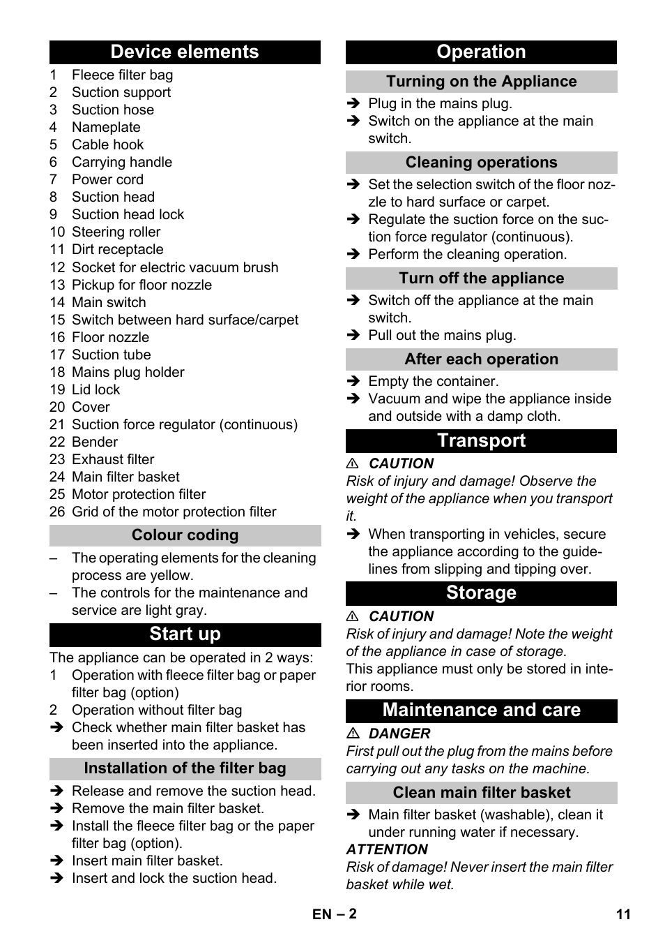 Device elements, Colour coding, Start up | Installation of the filter bag, Operation, Turning on the appliance, Cleaning operations, Turn off the appliance, After each operation, Transport | Karcher T 17-1 User Manual | Page 11 / 144