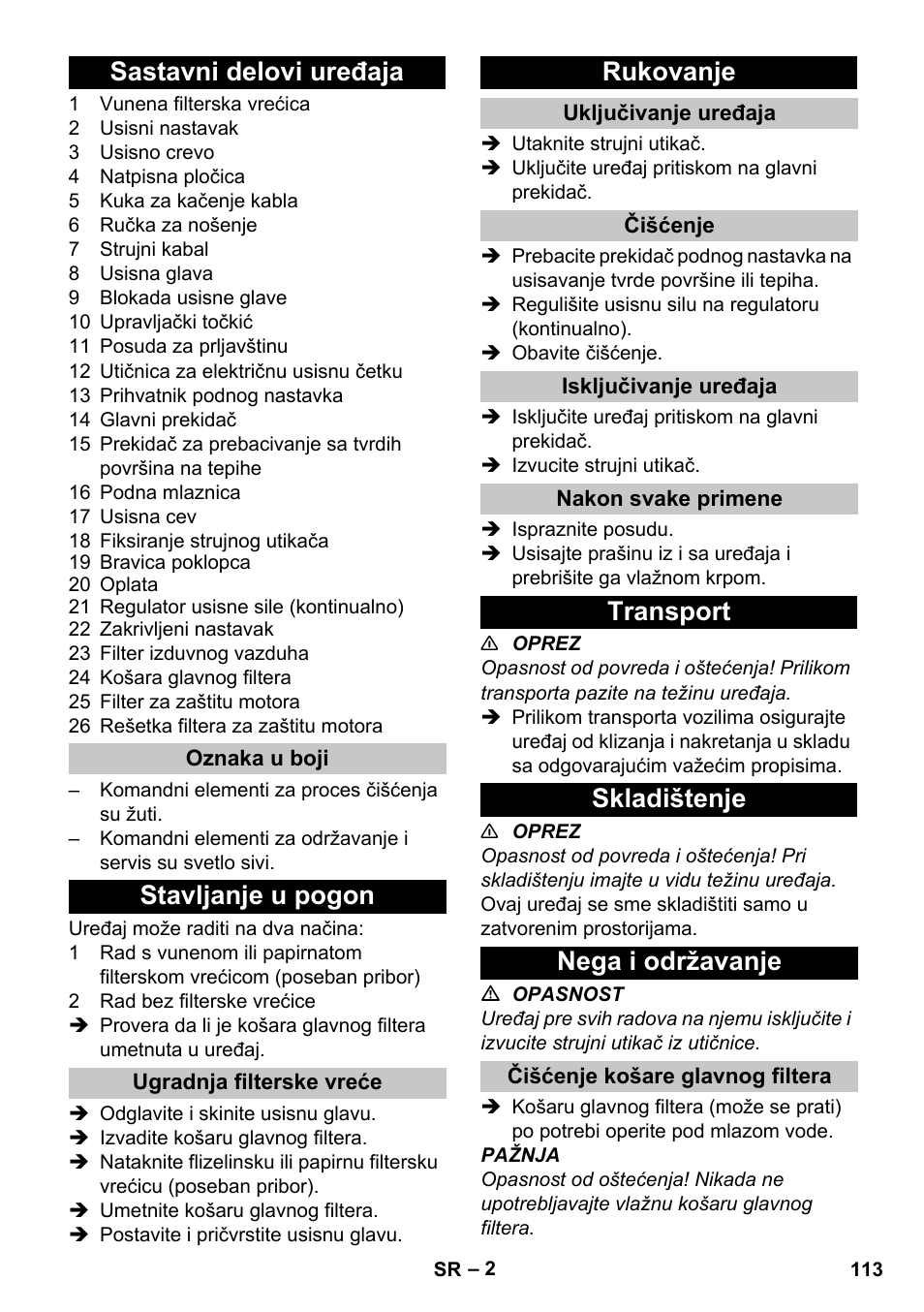 Sastavni delovi uređaja, Oznaka u boji, Stavljanje u pogon | Ugradnja filterske vreće, Rukovanje, Uključivanje uređaja, Čišćenje, Isključivanje uređaja, Nakon svake primene, Transport | Karcher T 17-1 User Manual | Page 113 / 144