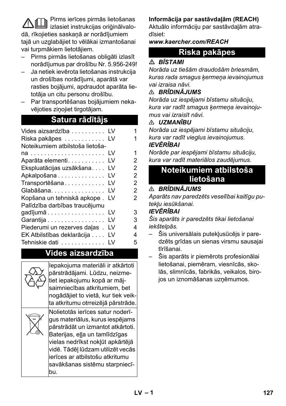 Latviešu, Satura rādītājs, Vides aizsardzība | Riska pakāpes, Noteikumiem atbilstoša lietošana | Karcher T 17-1 User Manual | Page 127 / 144