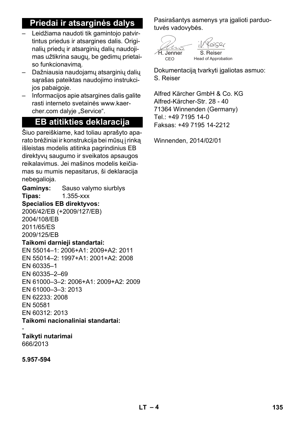 Priedai ir atsarginės dalys, Eb atitikties deklaracija | Karcher T 17-1 User Manual | Page 135 / 144