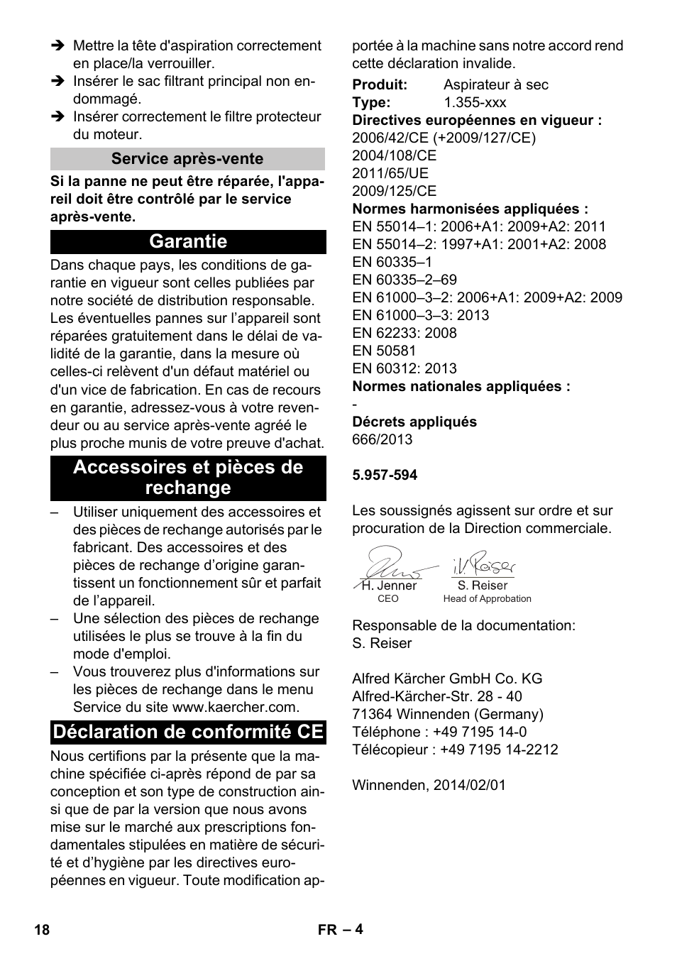 Service après-vente, Garantie, Accessoires et pièces de rechange | Déclaration de conformité ce | Karcher T 17-1 User Manual | Page 18 / 144