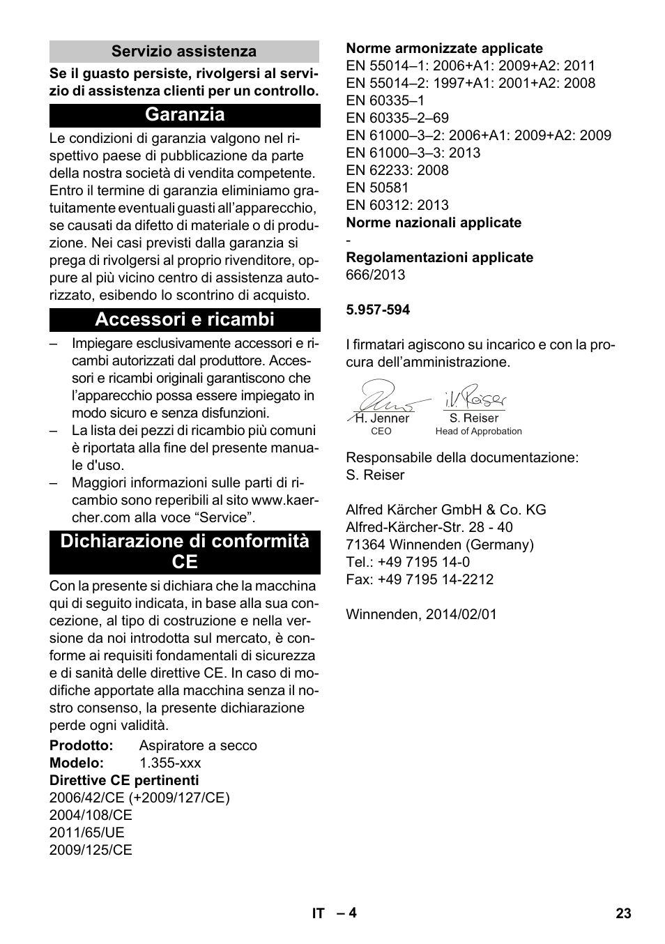 Servizio assistenza, Garanzia, Accessori e ricambi | Dichiarazione di conformità ce | Karcher T 17-1 User Manual | Page 23 / 144