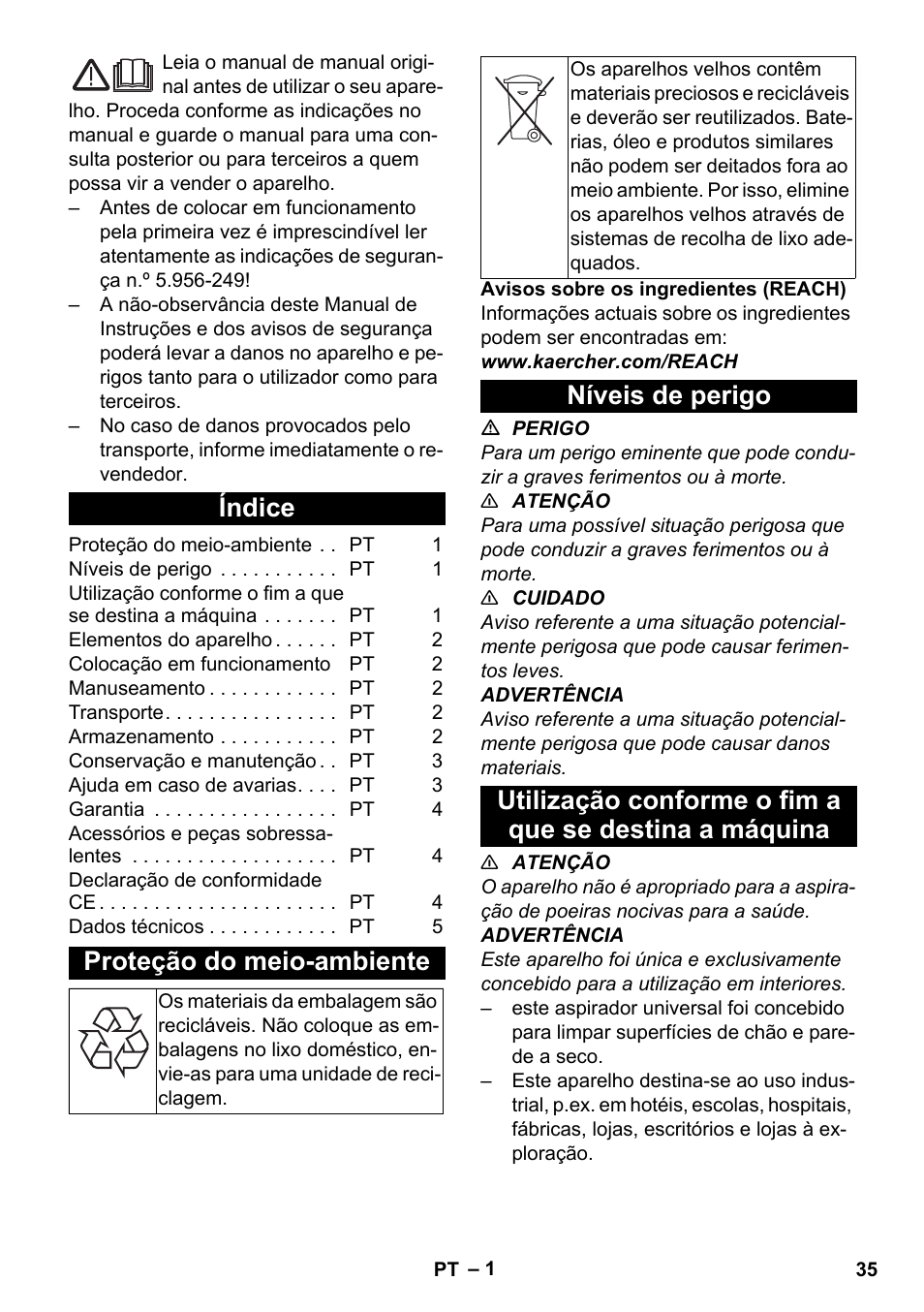 Português, Índice, Proteção do meio-ambiente | Níveis de perigo | Karcher T 17-1 User Manual | Page 35 / 144