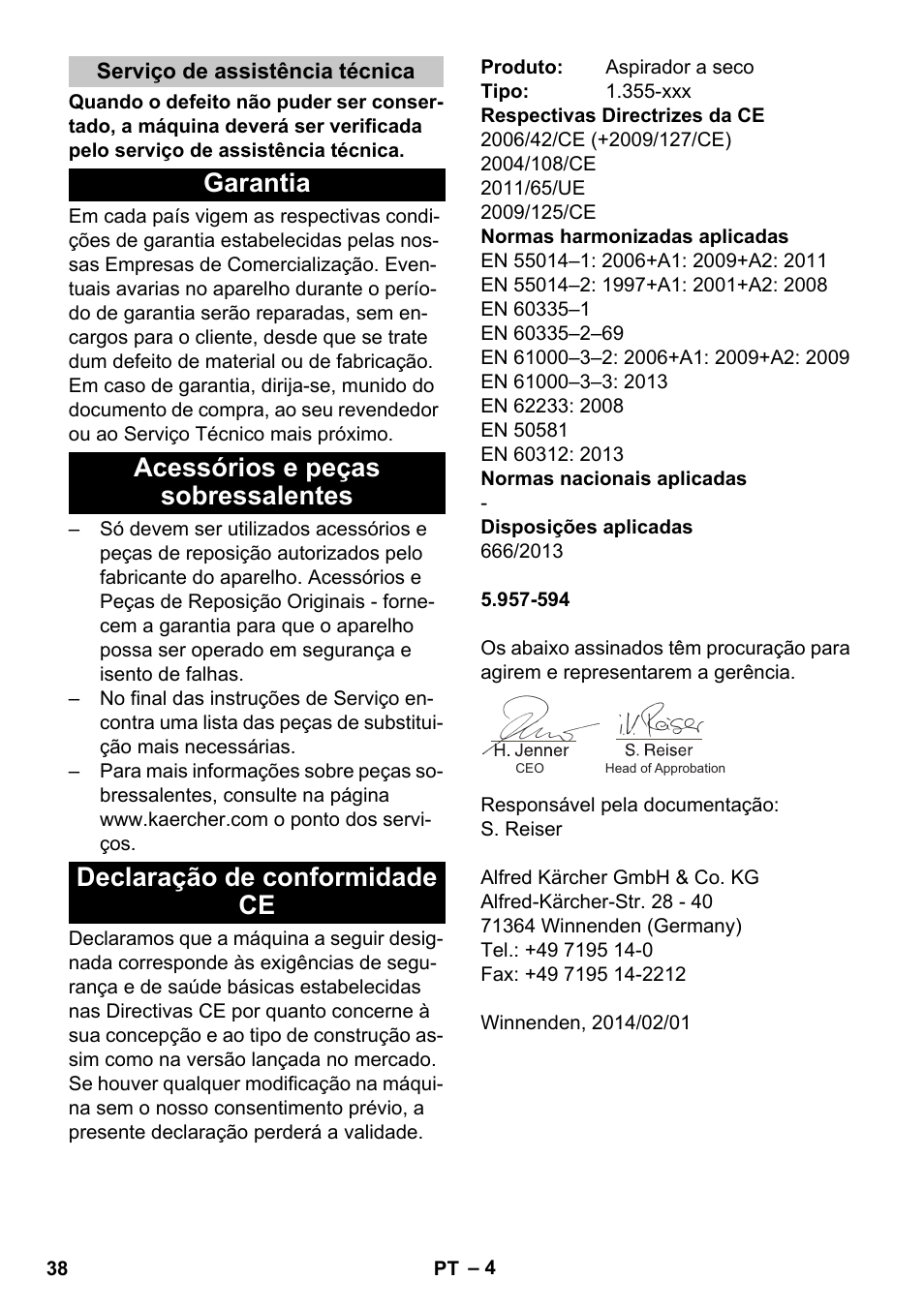 Serviço de assistência técnica, Garantia, Acessórios e peças sobressalentes | Declaração de conformidade ce | Karcher T 17-1 User Manual | Page 38 / 144