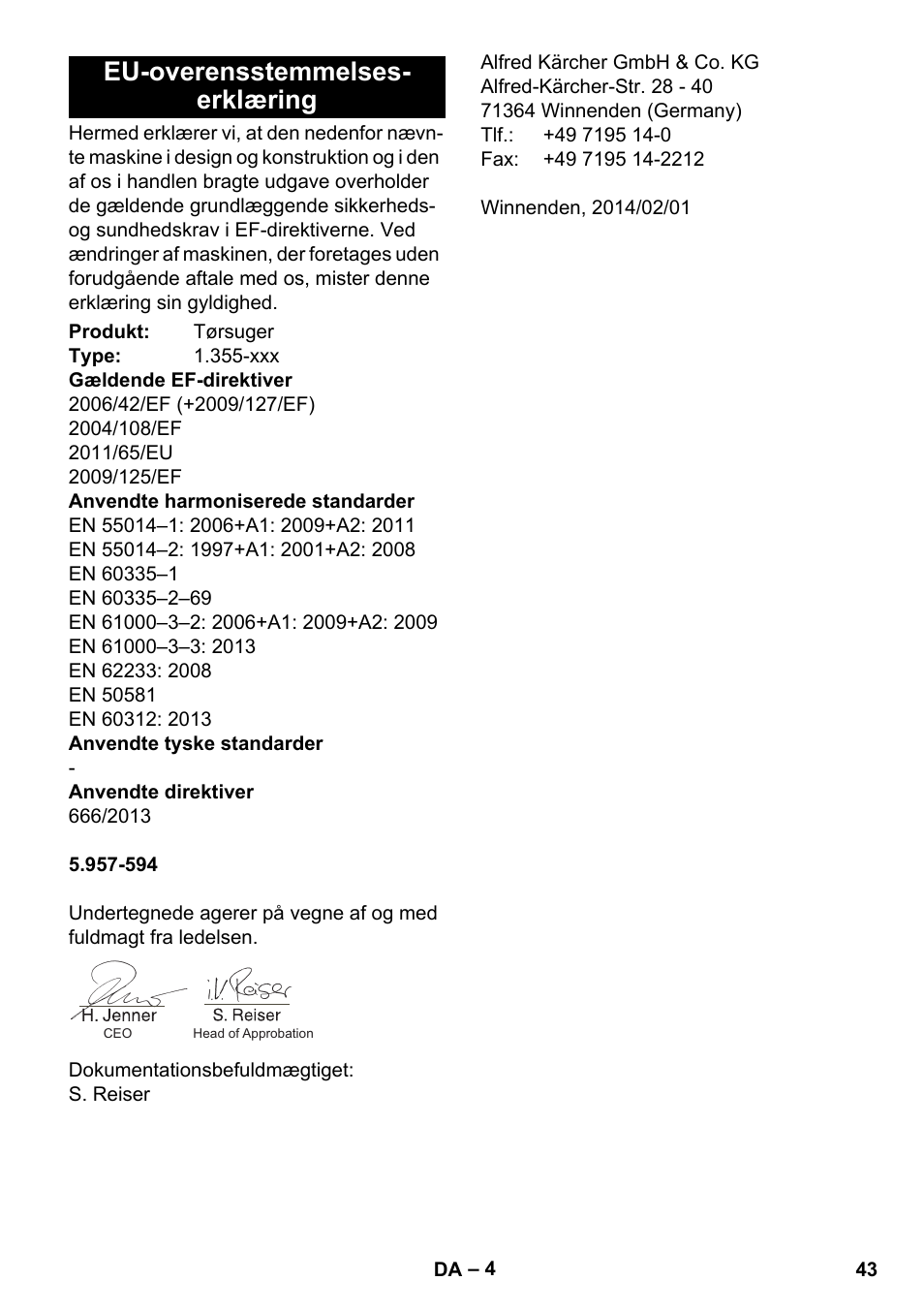 Eu-overensstemmelses- erklæring | Karcher T 17-1 User Manual | Page 43 / 144