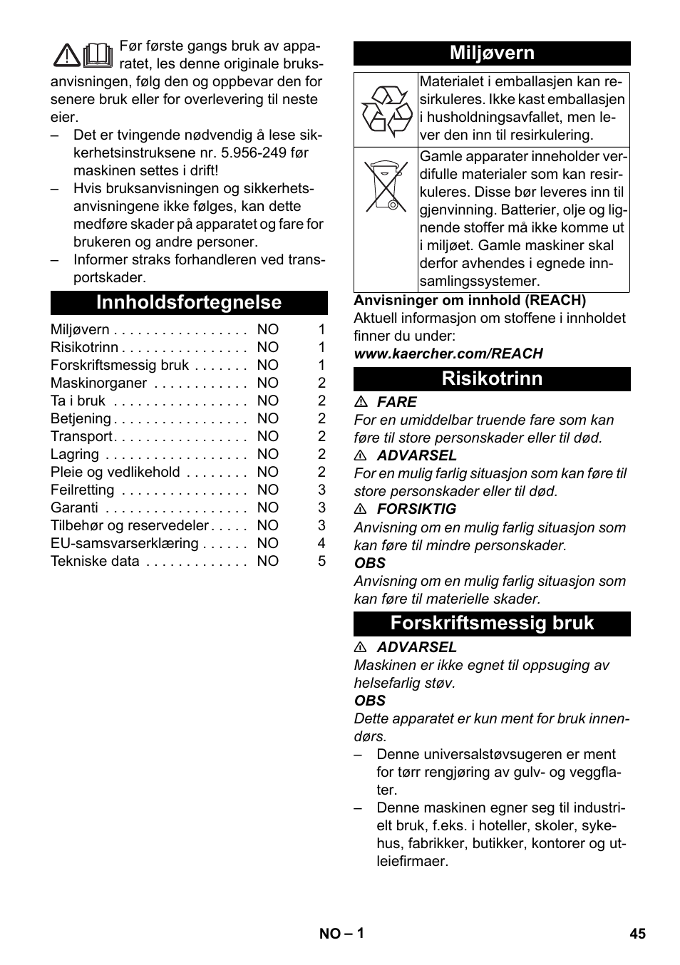 Norsk, Innholdsfortegnelse, Miljøvern | Risikotrinn, Forskriftsmessig bruk, Risikotrinn forskriftsmessig bruk | Karcher T 17-1 User Manual | Page 45 / 144