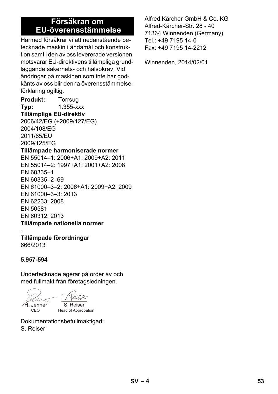 Försäkran om eu-överensstämmelse | Karcher T 17-1 User Manual | Page 53 / 144