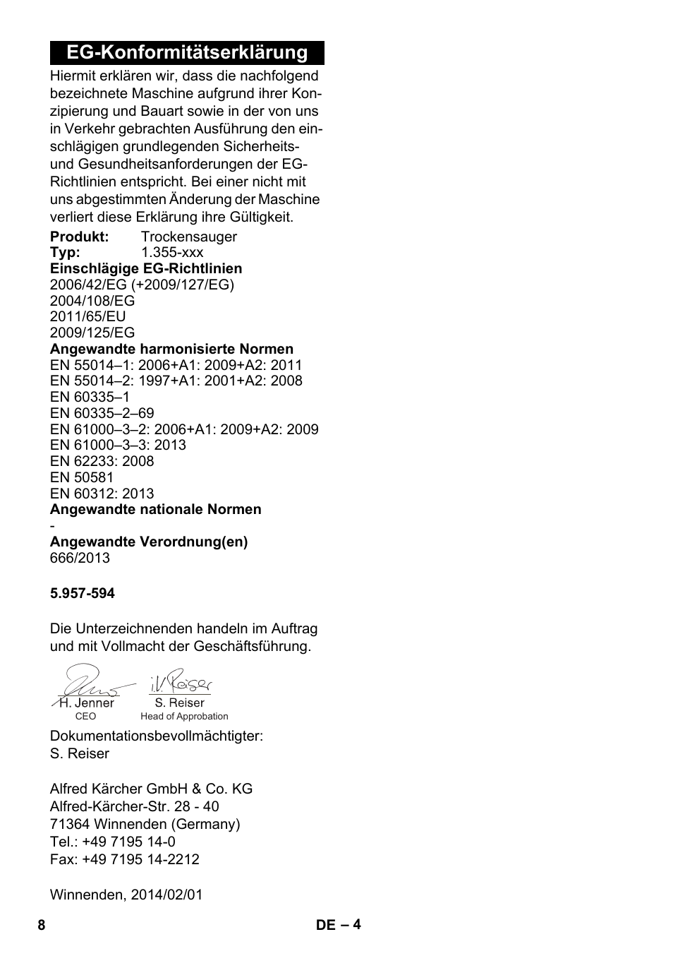 Eg-konformitätserklärung | Karcher T 17-1 User Manual | Page 8 / 144