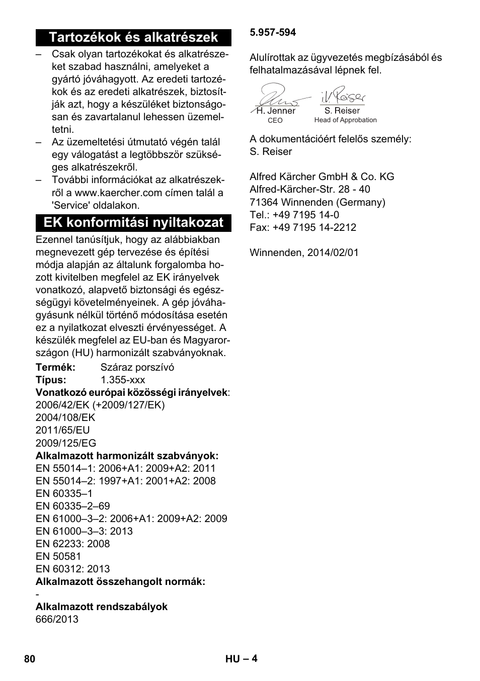 Tartozékok és alkatrészek, Ek konformitási nyiltakozat | Karcher T 17-1 User Manual | Page 80 / 144