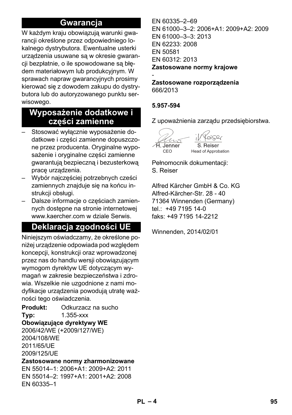 Gwarancja, Wyposażenie dodatkowe i części zamienne, Deklaracja zgodności ue | Karcher T 17-1 User Manual | Page 95 / 144