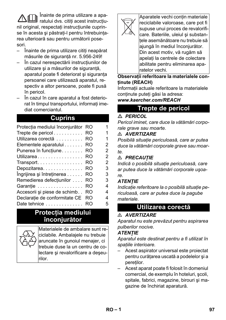 Româneşte, Cuprins, Protecţia mediului înconjurător | Trepte de pericol, Utilizarea corectă, Trepte de pericol utilizarea corectă | Karcher T 17-1 User Manual | Page 97 / 144