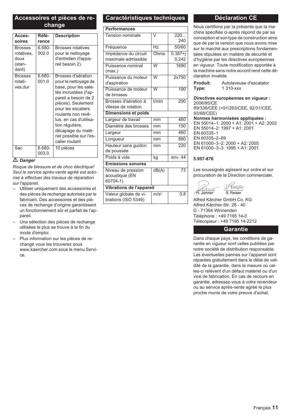 Accessoires et pièces de re- change, Caractéristiques techniques, Déclaration ce | Garantie | Karcher BR 45-10 ESC User Manual | Page 11 / 88