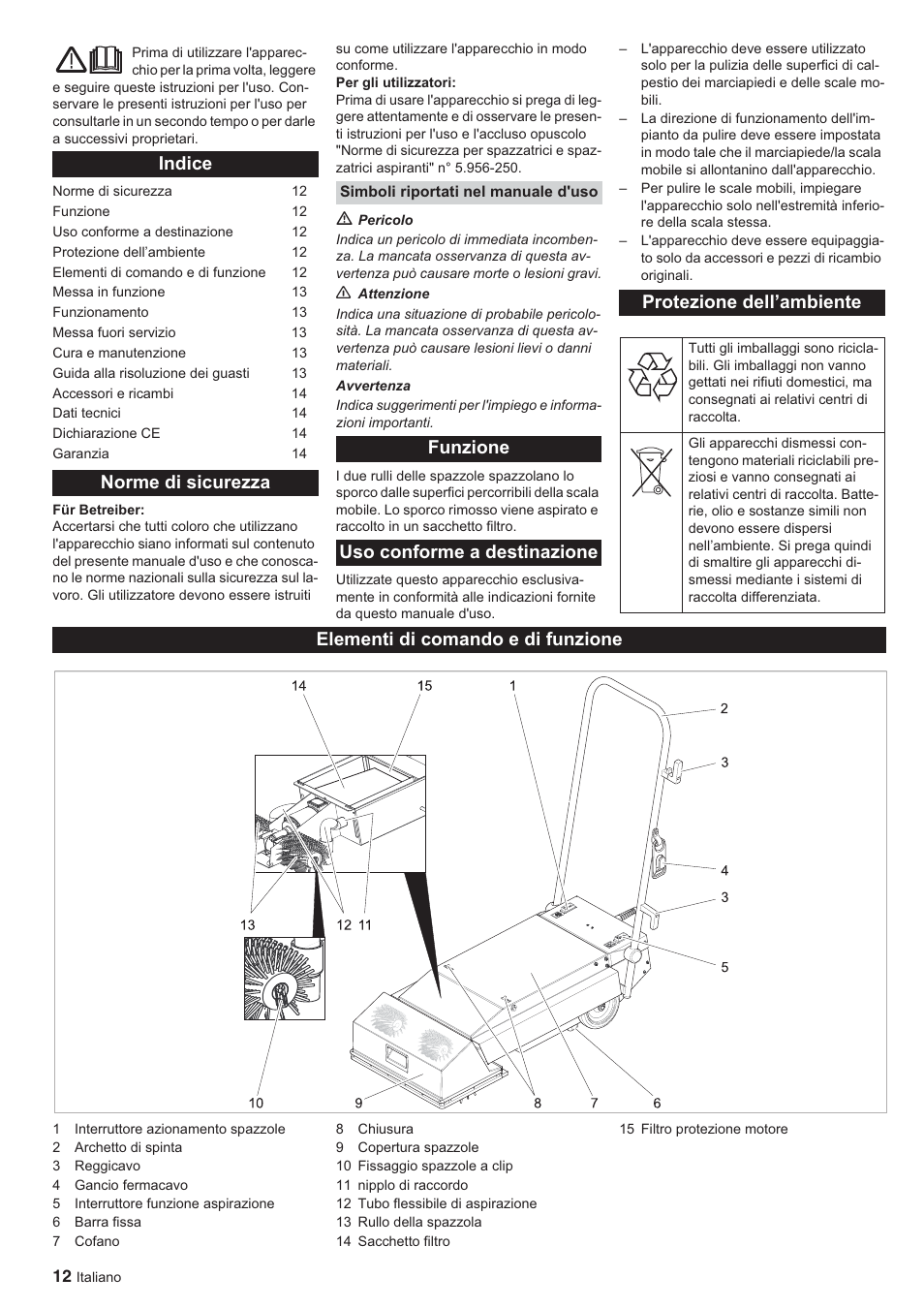 Indice norme di sicurezza, Elementi di comando e di funzione | Karcher BR 45-10 ESC User Manual | Page 12 / 88