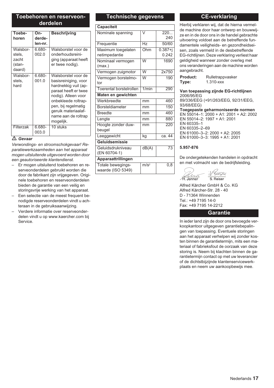 Toebehoren en reserveon- derdelen, Technische gegevens, Ce-verklaring | Garantie | Karcher BR 45-10 ESC User Manual | Page 17 / 88