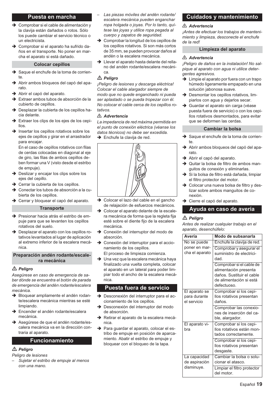 Puesta en marcha, Ayuda en caso de avería | Karcher BR 45-10 ESC User Manual | Page 19 / 88