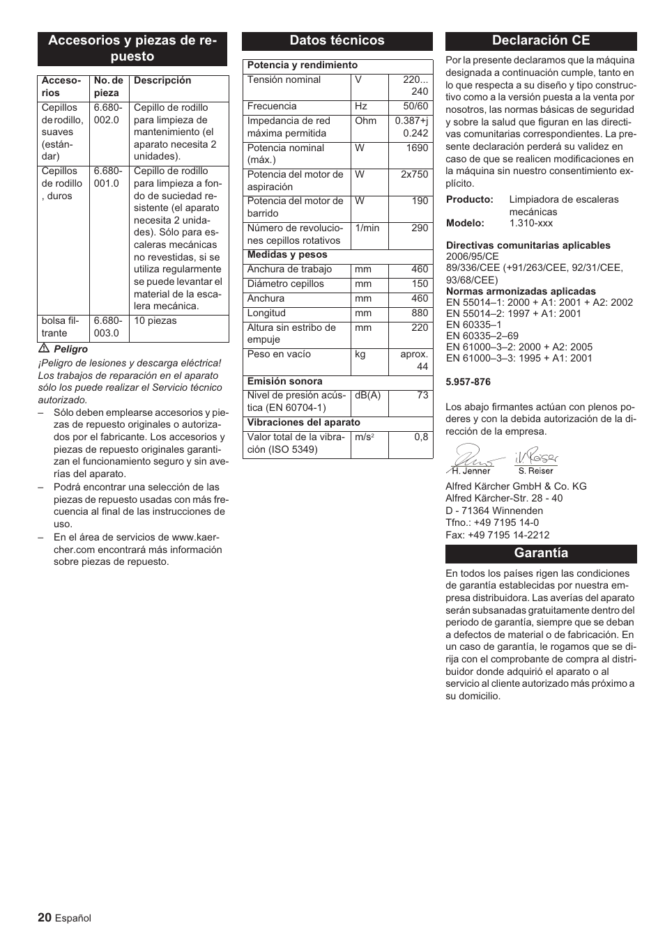 Accesorios y piezas de re- puesto, Datos técnicos, Declaración ce | Garantía | Karcher BR 45-10 ESC User Manual | Page 20 / 88