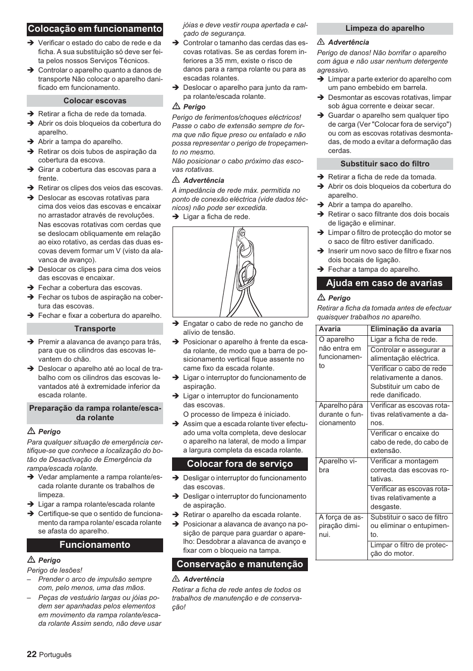 Colocação em funcionamento, Ajuda em caso de avarias | Karcher BR 45-10 ESC User Manual | Page 22 / 88