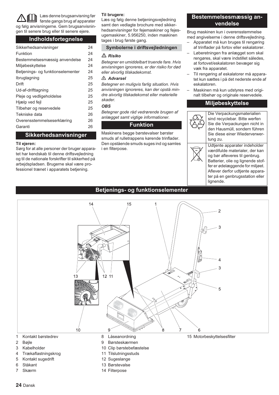 Indholdsfortegnelse sikkerhedsanvisninger, Betjenings- og funktionselementer | Karcher BR 45-10 ESC User Manual | Page 24 / 88