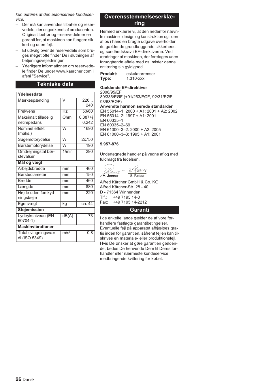 Tekniske data, Overensstemmelseserklæ- ring, Garanti | Karcher BR 45-10 ESC User Manual | Page 26 / 88