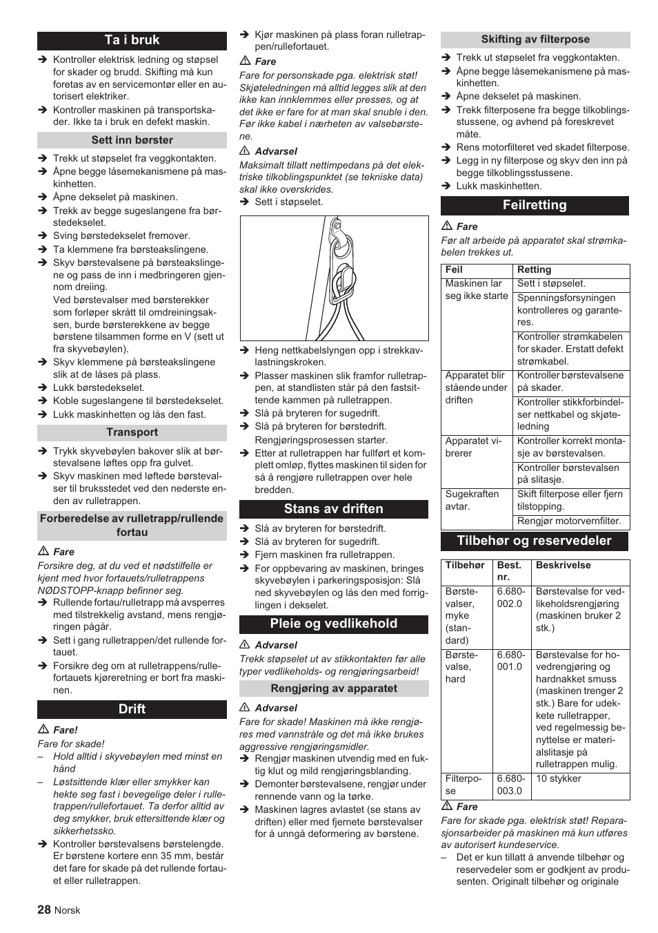 Ta i bruk, Drift stans av driften pleie og vedlikehold, Feilretting | Tilbehør og reservedeler | Karcher BR 45-10 ESC User Manual | Page 28 / 88