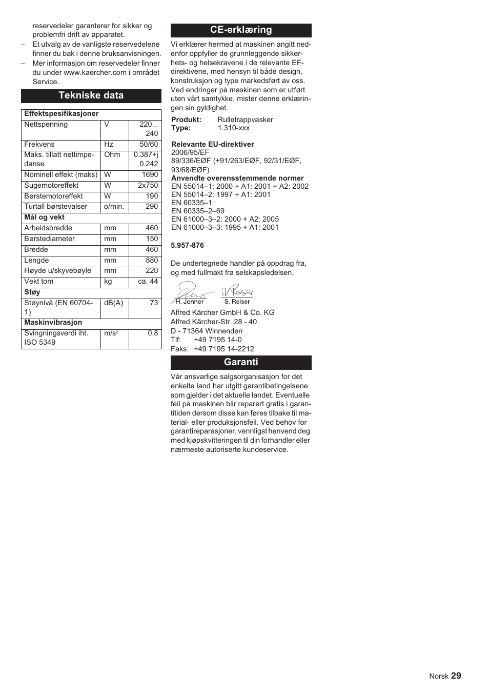 Tekniske data, Ce-erklæring, Garanti | Karcher BR 45-10 ESC User Manual | Page 29 / 88