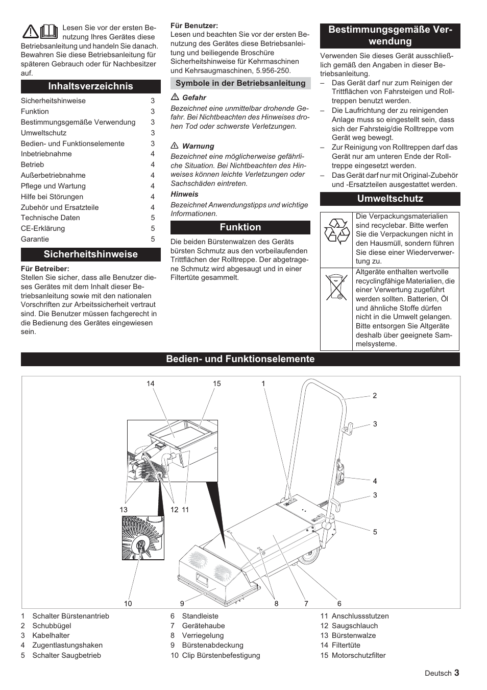 Inhaltsverzeichnis sicherheitshinweise, Bedien- und funktionselemente | Karcher BR 45-10 ESC User Manual | Page 3 / 88