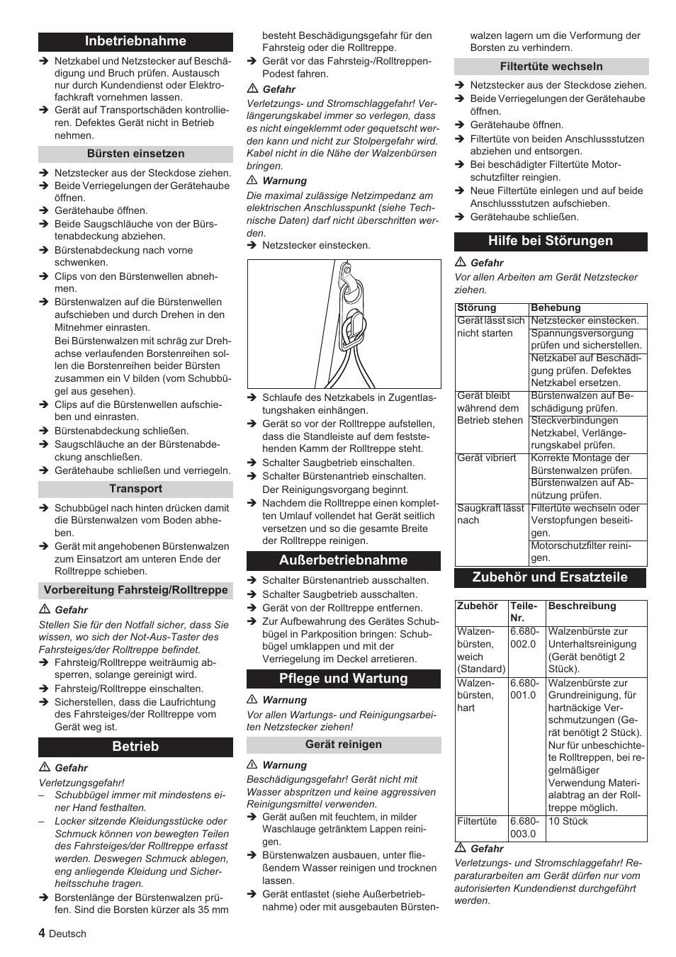 Inbetriebnahme, Betrieb außerbetriebnahme pflege und wartung, Hilfe bei störungen | Zubehör und ersatzteile | Karcher BR 45-10 ESC User Manual | Page 4 / 88