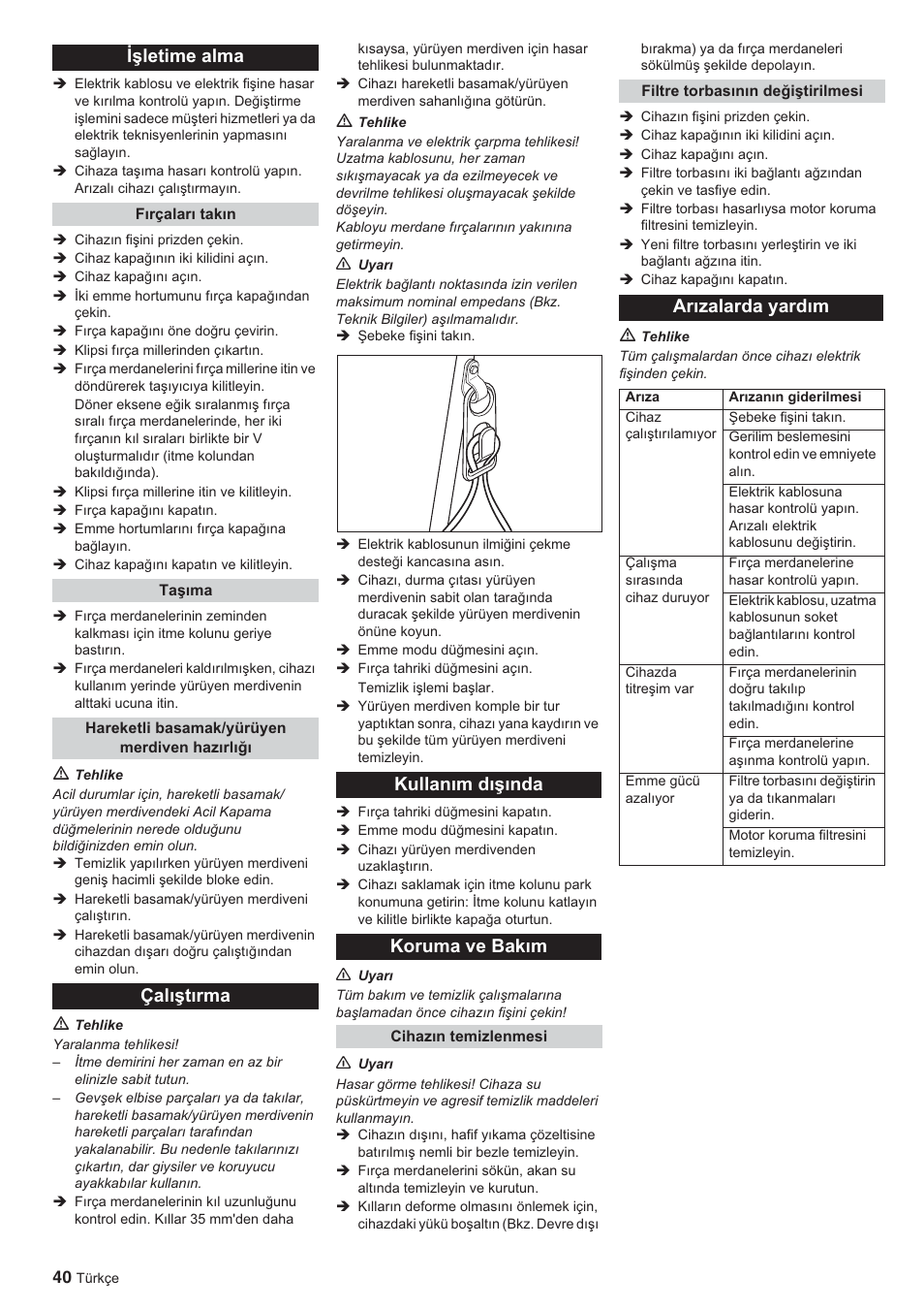 Øúletime alma, Çalõútõrma kullanõm dõúõnda koruma ve bakõm, Arõzalarda yardõm | Karcher BR 45-10 ESC User Manual | Page 40 / 88