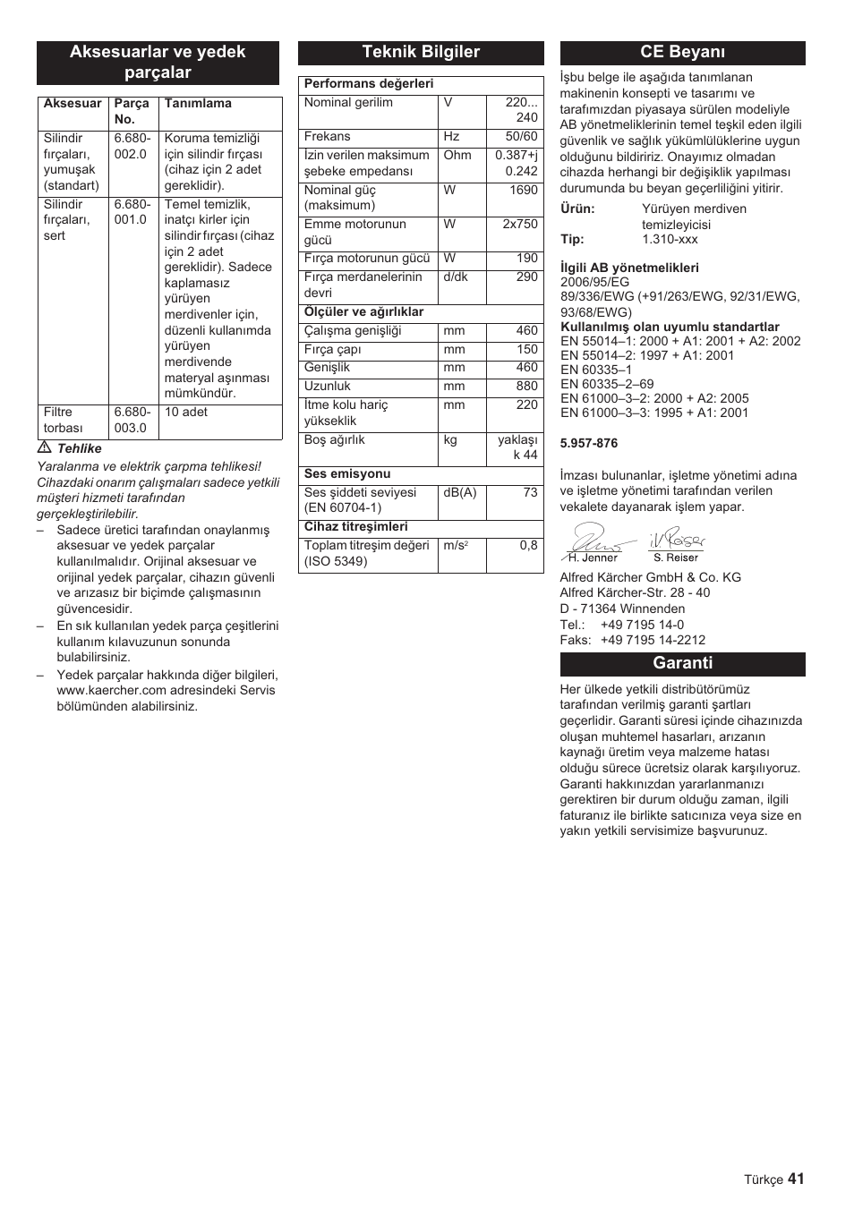 Aksesuarlar ve yedek parçalar, Teknik bilgiler, Ce beyanõ | Garanti | Karcher BR 45-10 ESC User Manual | Page 41 / 88