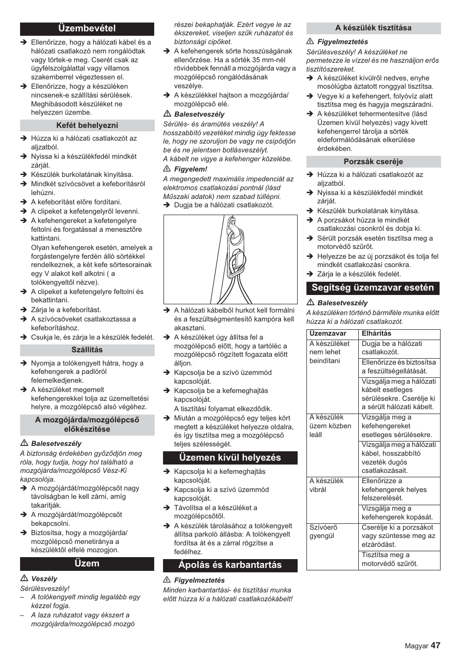 Üzembevétel, Üzem üzemen kívül helyezés ápolás és karbantartás, Segítség üzemzavar esetén | Karcher BR 45-10 ESC User Manual | Page 47 / 88