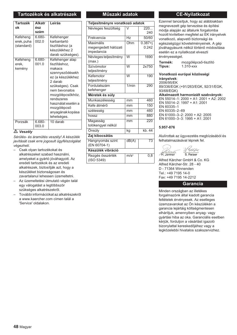 Tartozékok és alkatrészek, Mħszaki adatok, Ce-nyilatkozat | Garancia | Karcher BR 45-10 ESC User Manual | Page 48 / 88