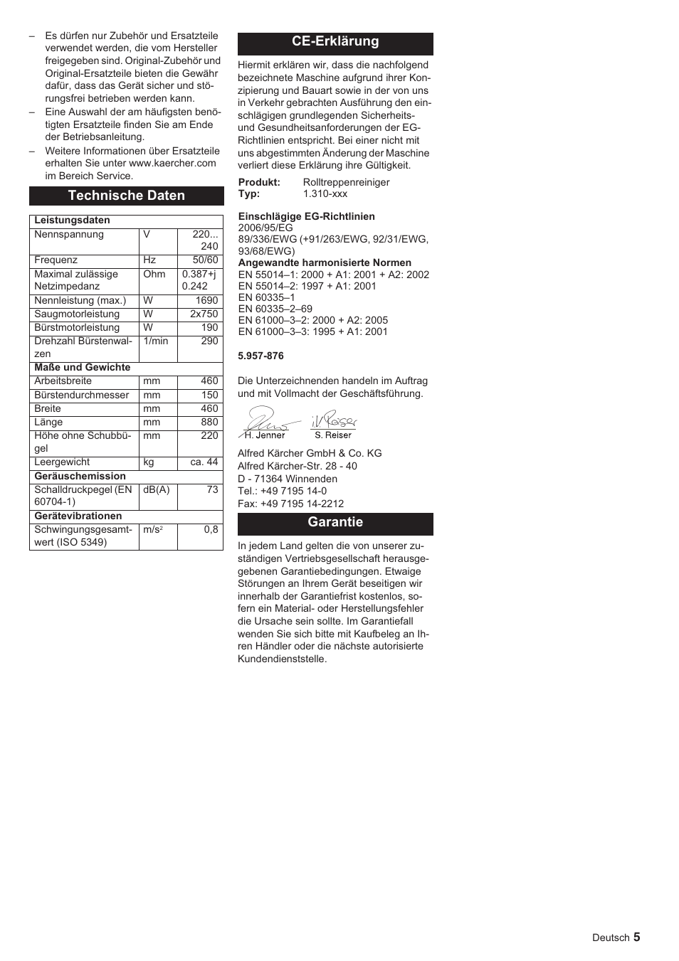 Technische daten, Ce-erklärung, Garantie | Karcher BR 45-10 ESC User Manual | Page 5 / 88