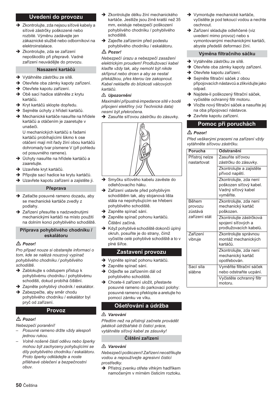Uvedení do provozu, Provoz zastavení provozu ošetĝování a údržba, Pomoc pĝi poruchách | Karcher BR 45-10 ESC User Manual | Page 50 / 88