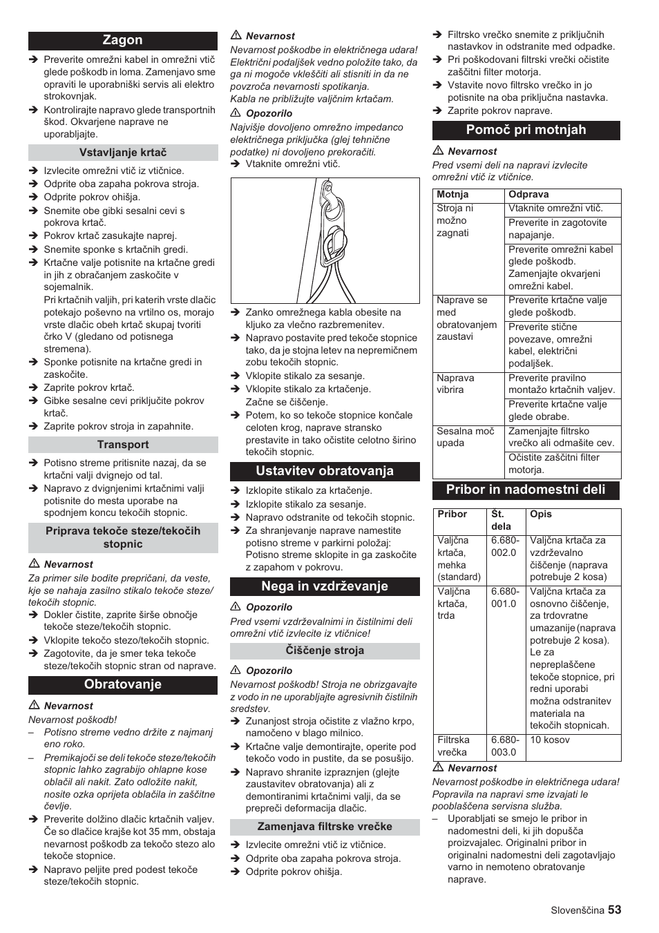 Zagon, Pomoþ pri motnjah, Pribor in nadomestni deli | Karcher BR 45-10 ESC User Manual | Page 53 / 88