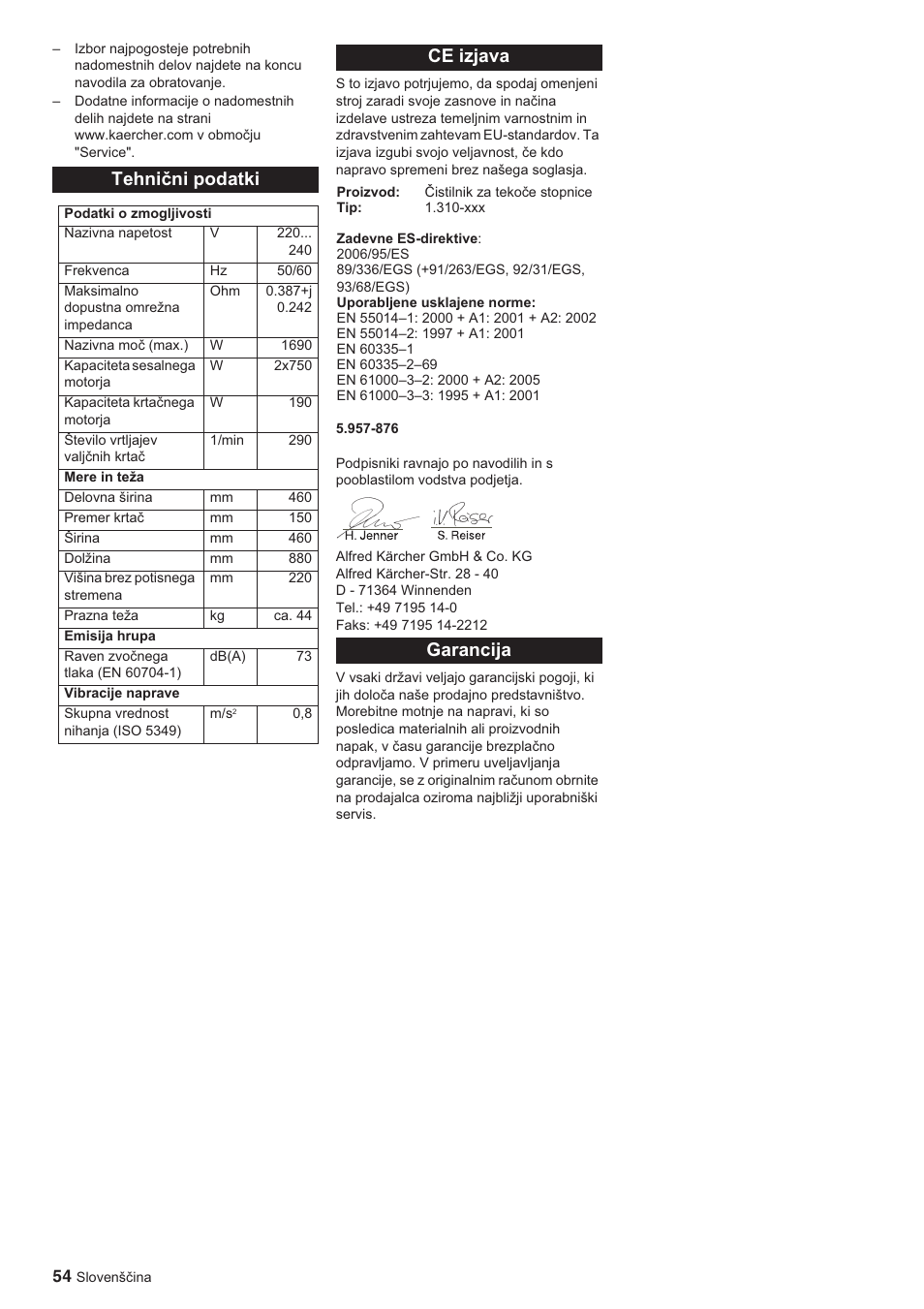 Tehniþni podatki, Ce izjava, Garancija | Karcher BR 45-10 ESC User Manual | Page 54 / 88