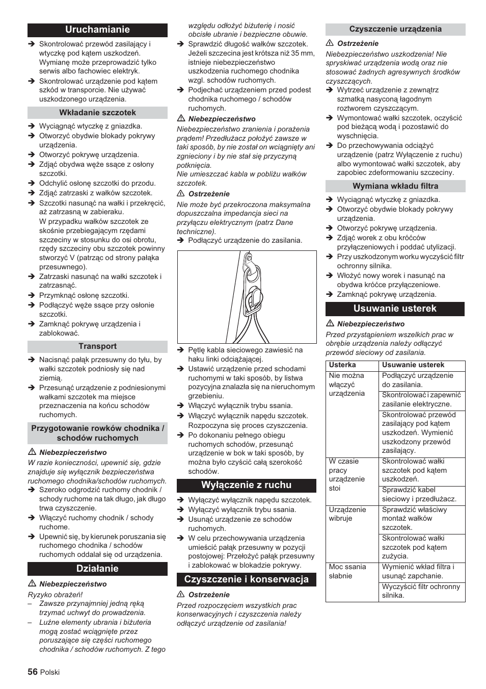 Uruchamianie, Usuwanie usterek | Karcher BR 45-10 ESC User Manual | Page 56 / 88