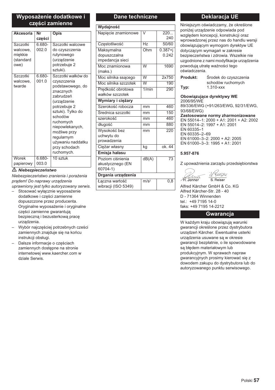 Wyposaīenie dodatkowe i czċğci zamienne, Dane techniczne, Deklaracja ue | Gwarancja | Karcher BR 45-10 ESC User Manual | Page 57 / 88