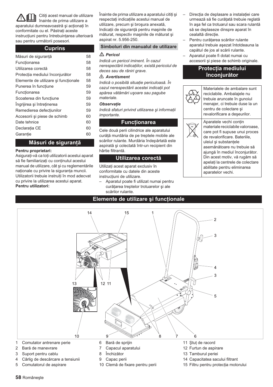 Cuprins măsuri de siguranġă, Elemente de utilizare úi funcġionale | Karcher BR 45-10 ESC User Manual | Page 58 / 88