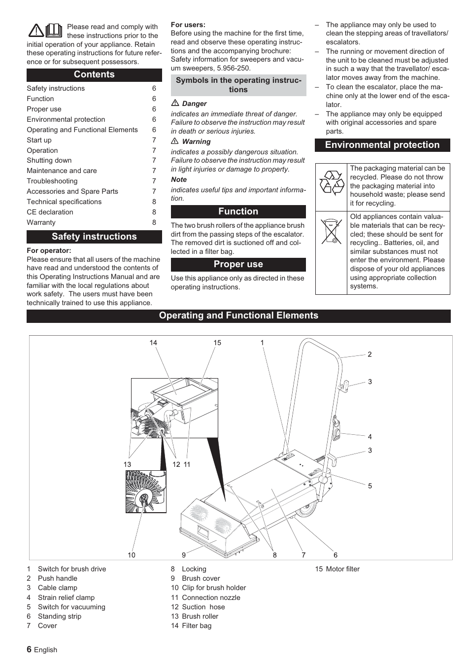 Contents safety instructions, Function proper use environmental protection, Operating and functional elements | Karcher BR 45-10 ESC User Manual | Page 6 / 88