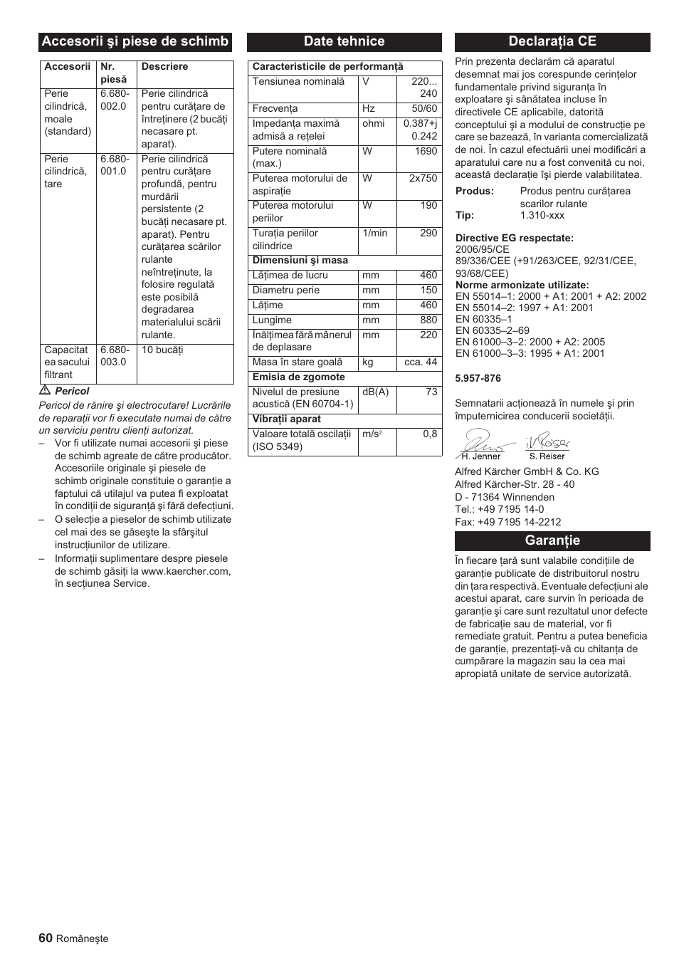 Accesorii úi piese de schimb, Date tehnice, Declaraġia ce | Garanġie | Karcher BR 45-10 ESC User Manual | Page 60 / 88