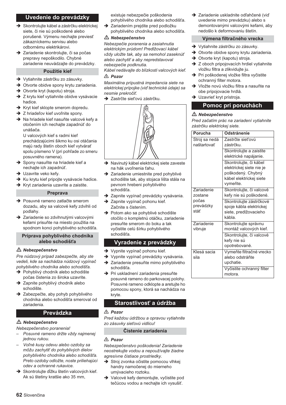 Uvedenie do prevádzky, Pomoc pri poruchách | Karcher BR 45-10 ESC User Manual | Page 62 / 88