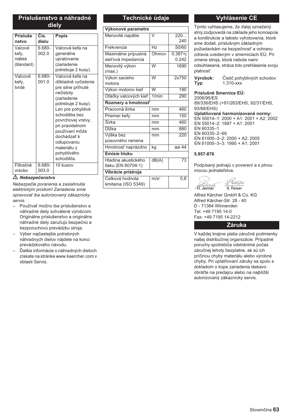 Príslušenstvo a náhradné diely, Technické údaje, Vyhlásenie ce | Záruka | Karcher BR 45-10 ESC User Manual | Page 63 / 88