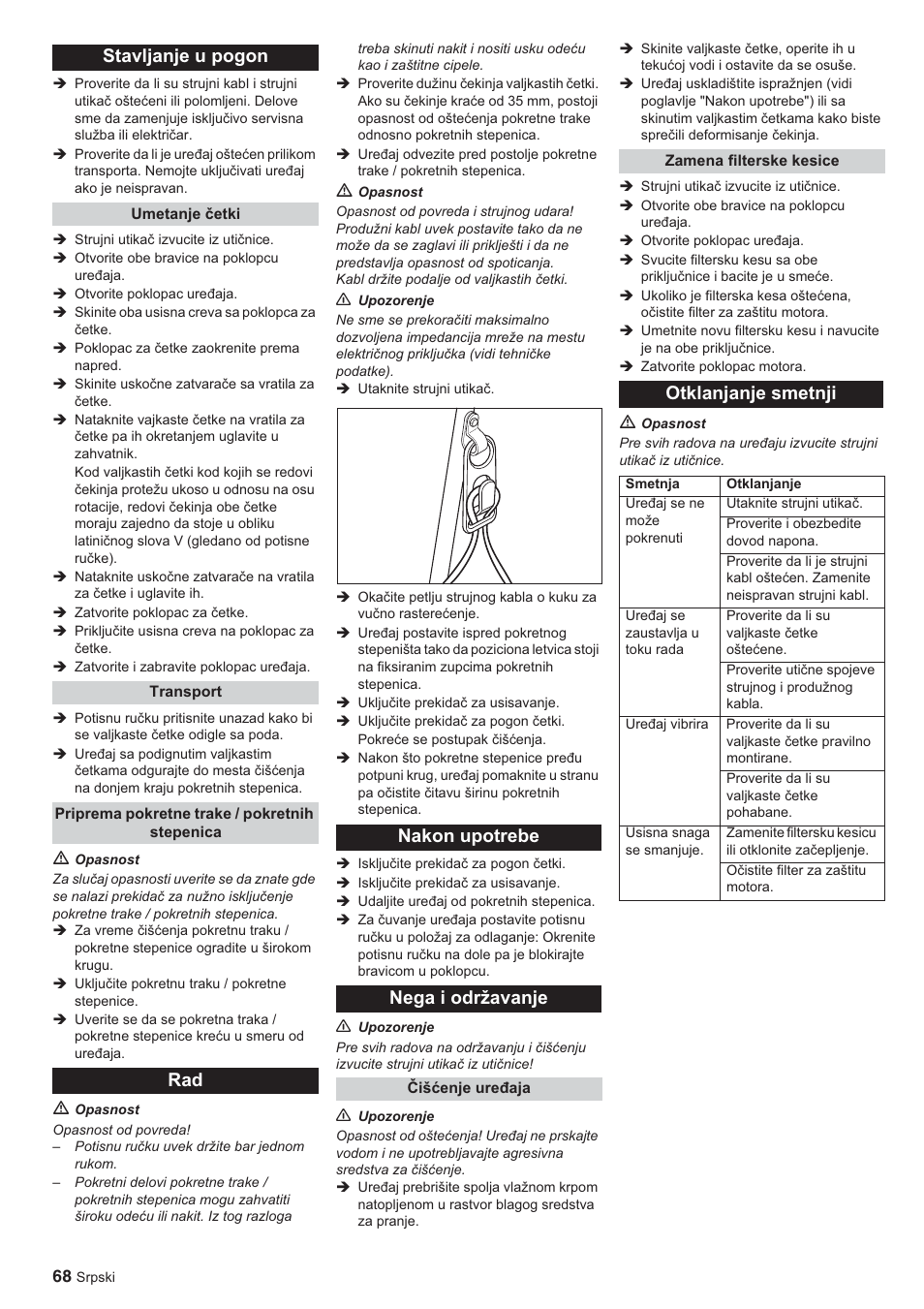 Stavljanje u pogon, Rad nakon upotrebe nega i održavanje, Otklanjanje smetnji | Karcher BR 45-10 ESC User Manual | Page 68 / 88