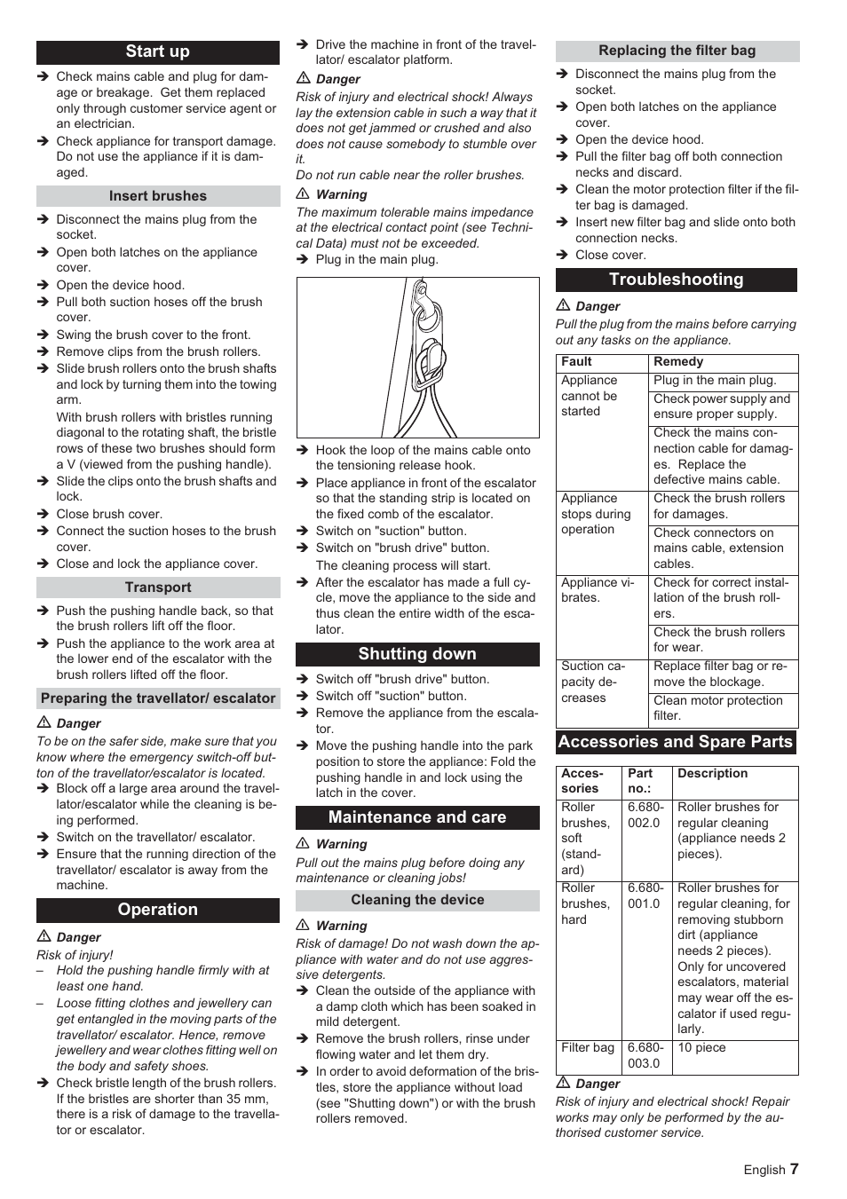 Start up, Operation shutting down maintenance and care, Troubleshooting | Accessories and spare parts | Karcher BR 45-10 ESC User Manual | Page 7 / 88